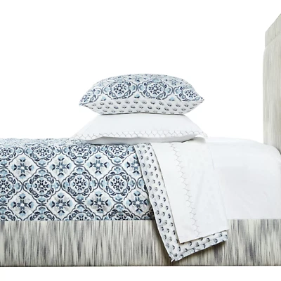 $939 JOHN ROBSHAW PALITA LAPIS KING QUILT BLANKET SHAMS SET SKY NAVY BLUE FLOWER - Image 1 of 4