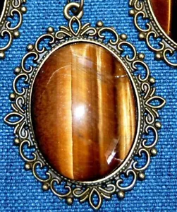 BIG OVAL GENUINE TIGERS EYE NECKLACE 24" CHAIN #A20B USA MADE * FAST SHIPING - Picture 1 of 5