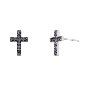 0.12 Ct Round Cut Black Diamond Cross Stud Earring's Real 14K White Gold 10*7 mm - Picture 1 of 8