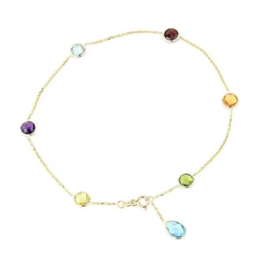 14K Yellow Gold Gemstone Anklet With A Blue Topaz Drop 11 Inches - Picture 1 of 1