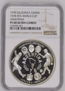 ***Copa Mundial de la FIFA Argentina 1978*** Ec. Guinea 2000 ekuele PF68 NGC a prueba de plata - Imagen 1 de 2