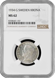 Sweden 1 krona 1934 G, NGC MS62, "King Gustaf V (1908 - 1950)" silver coin - Picture 1 of 2