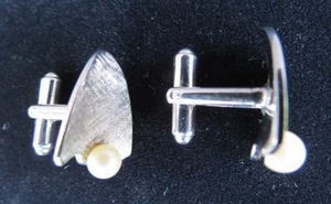 Eslabones de puño unisex retro perla de plata esterlina grabado en excelente condición - Imagen 1 de 2