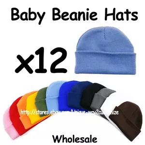 WHOLESALE LOT 12 BABY INFANT BEANIE HATS PLAIN SOLID BLANK ALL COLORS - Picture 1 of 14