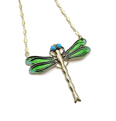 "Collar colgante libélula esmalte verde vintage tono plata declaración 24""" Foto 1 de 4