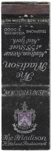 Cubierta de colección Matchbook The Madison Hotel and Restaurant NYC. - Imagen 1 de 3