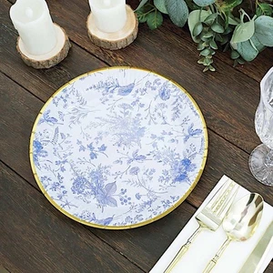 25 BLUE 9" Floral Round Paper PLATES GOLD Rim Party Events Tableware Supplies - Picture 1 of 8