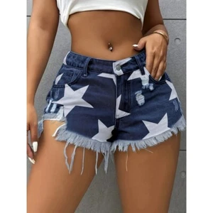 USboutiquechic Womens Low-Rise Ripped Denim Shorts|Ripped,Frayed Hem,Star Print - Picture 1 of 22