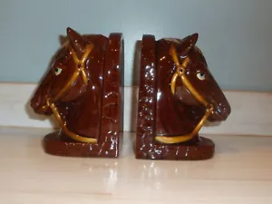 Vintage Pair of Ceramic Brown Glazed Horse Book Ends Souvenir of Carrollton, GA - Picture 1 of 8