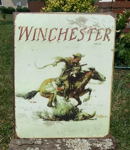 Winchester Gun Sign Weathered Logo Galloping Horse Cowboy Garage Sign, Metal Tin - Picture 1 of 2