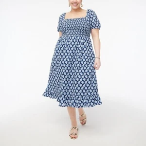 J. Crew Smocked Midi Puff Sleeves Blue Floral Cotton Lined Cottagecore Dress 2X - Picture 1 of 15