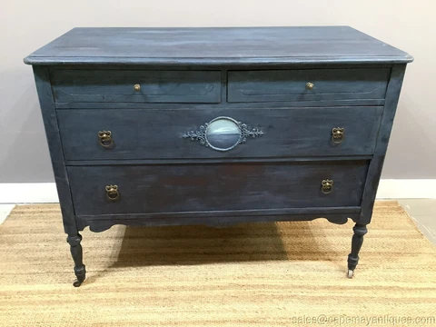 Antique Painted Blue Dresser Cameo Insert Ocean Scene Distressed on Wheels Cover