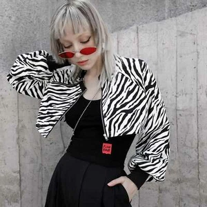 PUNK RAVE Zebra Crop Cardigan Kurze Damenjacke Weiß-Schwarz Animal Print GOTHIC - Picture 1 of 12