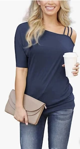iGENJUN Womens Blouse One Off Shoulder Strappy Summer Top Small - Navy Blue - Picture 1 of 6
