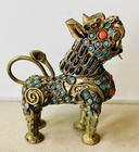 Antique Tibetan Jeweled Foo Dog Snuff Bottle, Turquoise Coral & Brass, H: 6.5 CM
