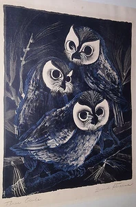 THREE OWLS VINTAGE ART PRINT ARTIST SIGNED OWL BIRD ARTWORK - Picture 1 of 5
