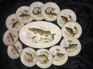 Vintage Israel Naaman Porcelain Platter Fish Serving 13PC Plates Set MINT - Picture 1 of 12