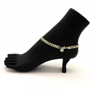 10" CONCAVE CUBAN CURB LINK CHAIN QUALITY ANKLET CZ BRACELET 14K GOLD PLATED - Picture 1 of 5