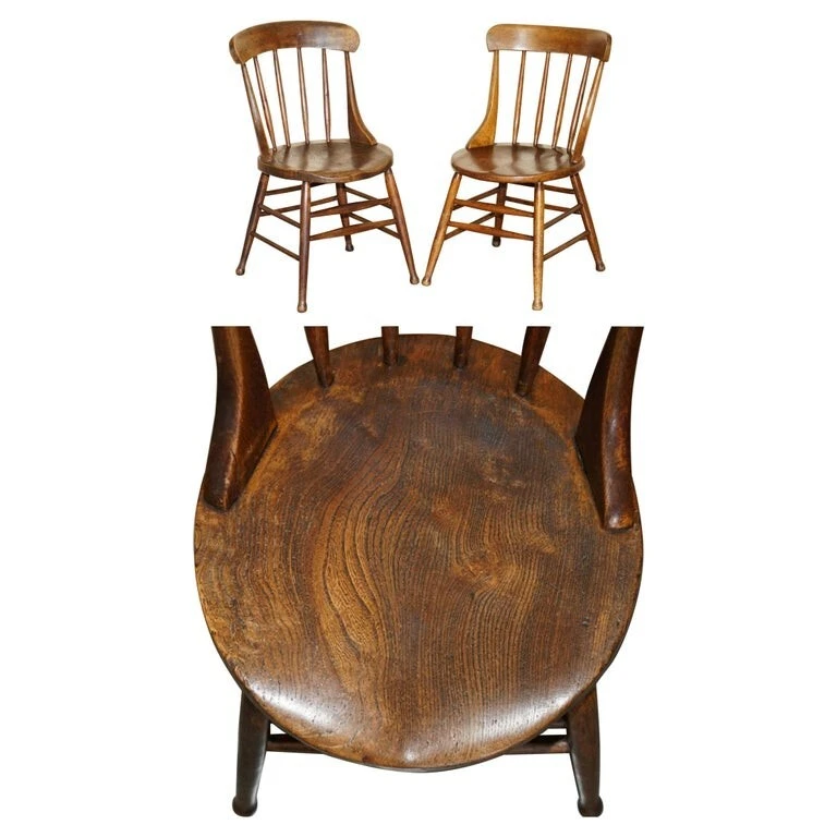 PAR DE SILLAS ANTIGUAS INGLESAS OLMO WINDSOR BASTÓN ESTAMPADO LEA HALL INFANTERÍA Foto 1 de 4