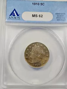 1910 Liberty V Nickel 5c - ANACS MS62 BLUE HOLDER  - Picture 1 of 4