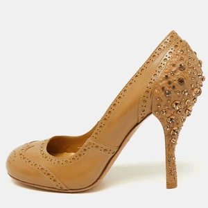 Miu Miu Beige Brogue Patent Leather Crystal Embellished Round Toe Pumps Size 38 - Picture 1 of 9