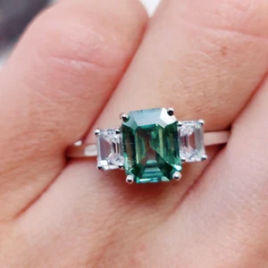 2.80 Ct Green Moissanite Emerald Cut Real Engagement Ring 925 Sterling Silver 7 - Picture 1 of 10