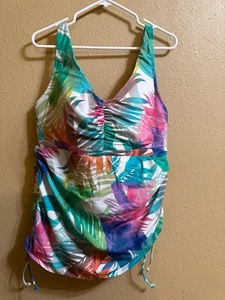 SWIM BY CACIQUE ONE PIECE SWIMDRESS SZ 18 MULTI PRINT SIDE DRAWSTINGS - Picture 1 of 4