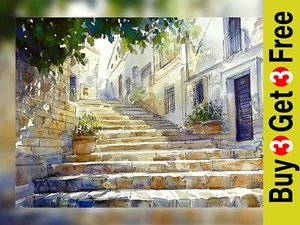 Sunlit Stone Steps 5"x7" Print on Matte Paper | Charming Mediterranean Artwork - Picture 1 of 17