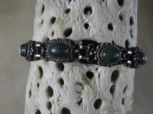 Brazalete vintage de plata de ley con cadena de malaquita de 8 pulgadas marcado - Imagen 1 de 7