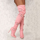 Ladies Thigh High Boots Womens Over The Knee Low Heel Stiletto Shoes Pointed Toe