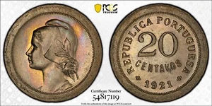 MS65 1921 Portugal Plata 20 Centavos, PCGS Trueview - Tono Arco Iris ¡EXCELENTE POP 2/0! - Imagen 1 de 5