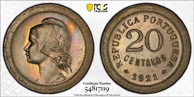 MS65 1921 Portugal 20 Centavos, PCGS Trueview- Rainbow Toned TOP POP 2/0! - Image 1 of 4