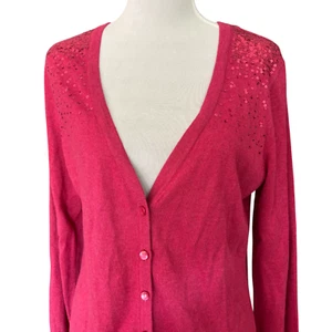 Merona Damen roter V-Ausschnitt Knopfleiste Strick Cardigan Pullover mit Pailletten Gr. L - Bild 1 von 11