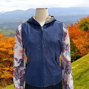 Blue Leather Hooded Vest Boho Moto Streetwear Jacket Y2K Indiecore Fall Medium - Picture 1 of 11