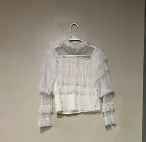 The Moon Women's Tulle Tiered Puff Sleeve Pearl Embellished Blouse Sz Small - Picture 1 of 7