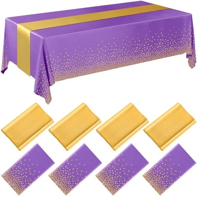 8 Pack Purple and Gold Disposable Plastic Tablecloths and Satin Table Runner ... - Image 1 of 4
