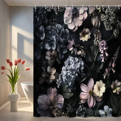 Black Floral Shower Curtain Vintage Botanical Roses Peony Gothic Boho Decor - Image 1 of 4