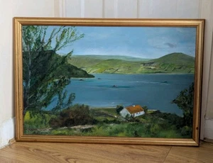 Vintage Painting Signed Acrylic Landscape – Framed Cottage Lake River Art Large - Picture 1 of 24