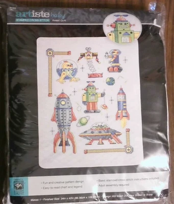 Kit de punto de cruz estampado edredón robot artista 34 x 42 cohete nave espacial OVNI niños Foto 1 de 2