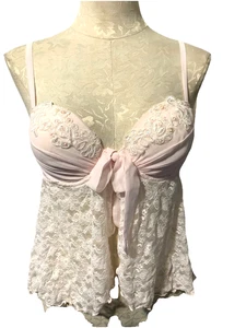 Bra Babydoll Cami Apt 9 pink Lace puch up Underwire Front Ties Open Lingerie M - Picture 1 of 14