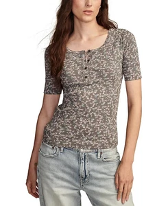 Lucky Brand Women's Printed Ribbed Short-Sleeve Henley Tee Size XS - Picture 1 of 9
