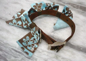 Dog Collar 8-10" Brown Aqua Blue Adjustable with Bows Flowers Cute Stylish - Picture 1 of 3