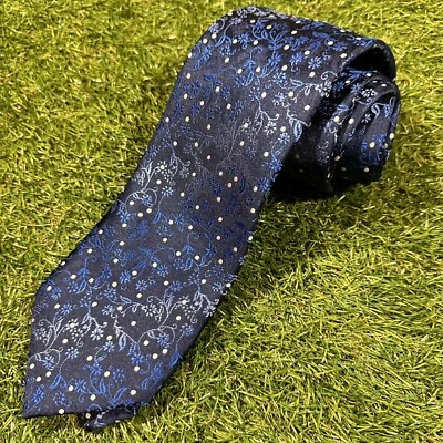 Stacy Adams Necktie Handmade 100% Microfiber Navy Blue Baby Blue Floral Modern - Image 1 of 4