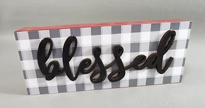 Farmhouse "Blessed" Wood Sign Box Black Frame 10”x 4” Buffalo Plaid - NEW - Picture 1 of 3
