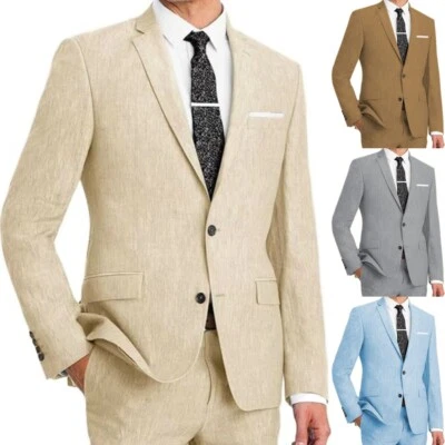 Men Linen 2Pcs Suit Grooms Bestmen Summer Wedding Suits Blazer+Pants 42r 44r 46r - Image 1 of 3
