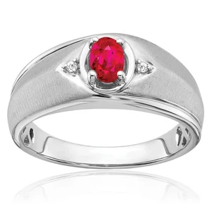 14K Solid White Gold Oval Ruby Diamond Mens Ring - Picture 1 of 90