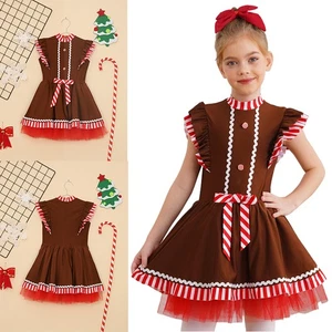 Girls Gingerbread Man Costume Cutie Cookies Brown Tutu Dress Xmas Party Cosplay - Picture 1 of 16