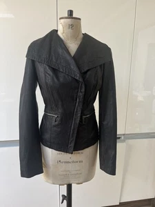 MICHAEL KORS LEATHER JACKET LARGE COLLAR BLACK ZIP UP SIZE M FITTED POCKETS - Picture 1 of 12