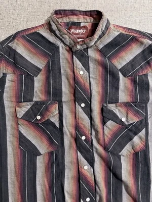 VINTAGE Wrangler Button Up Shirt Striped Flannel Pearl Snap BANDED COLLAR Large - Image 1 of 4