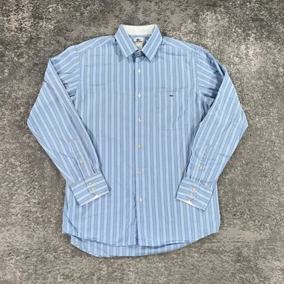Camisa masculina Lacoste 40 listrada azul com botões manga longa logotipo de crocodilo Preppy - Imagem 1 de 4